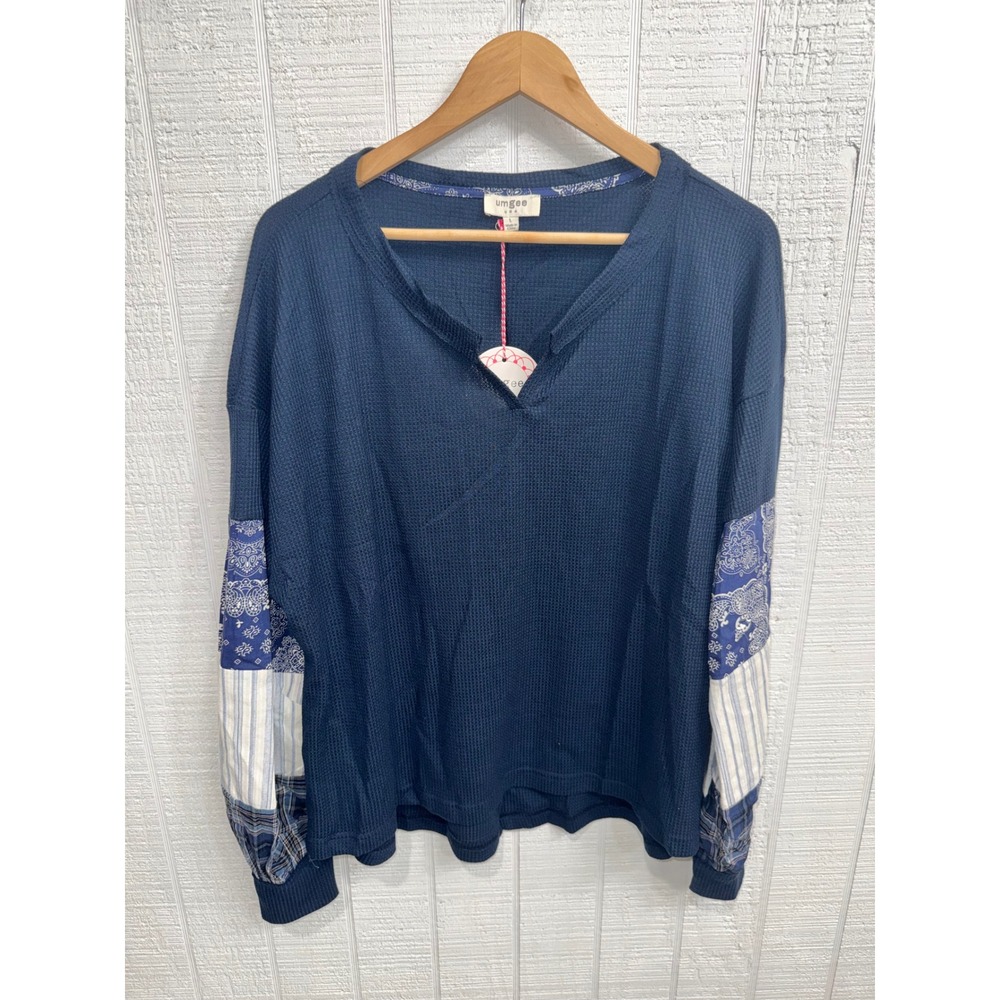 Umgee Waffle Knit Top Women Navy Blue Patchwork Bandana Sleeve C3654 Large